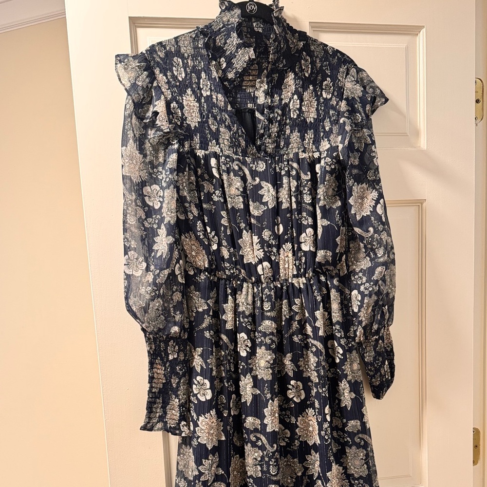 Walter Baker Navy and White Floral Tiered Long Sleeve Dress